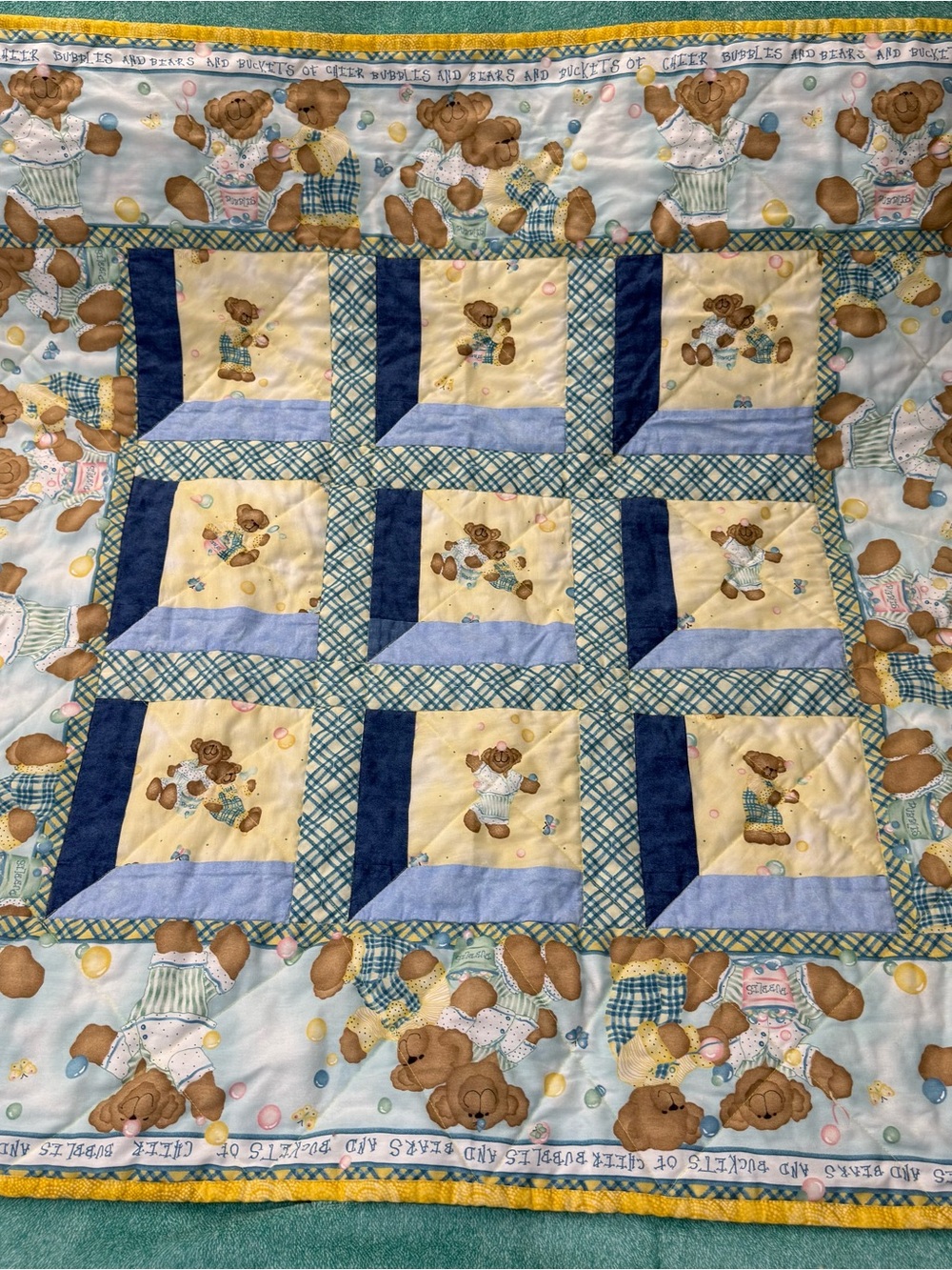 Blue & Yellow Teddy Bear 40” X 40” Quilted Baby Blanket